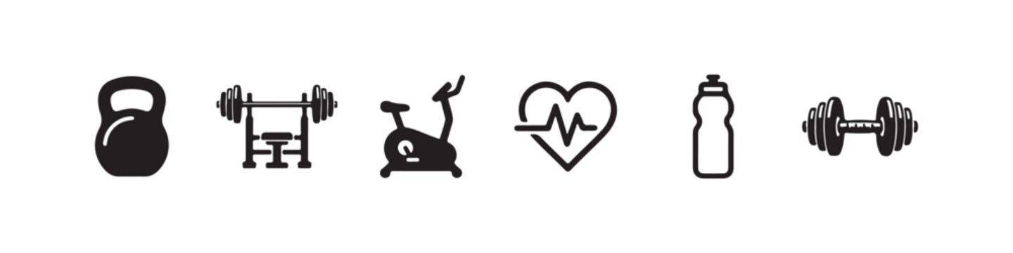Vector icons representing fitness and gym equipment in a minimalist style, featuring a water bottle, bench press station, dumbbell, kettlebell, stationary exercise bike, and a heart rate monitor symbo