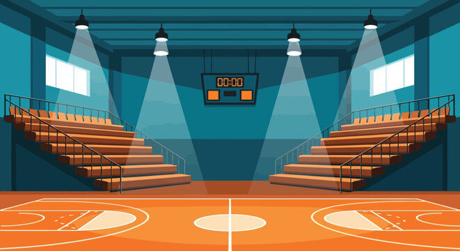 A brightly colored illustration depicts an empty indoor basketball court with stadium seating high quality