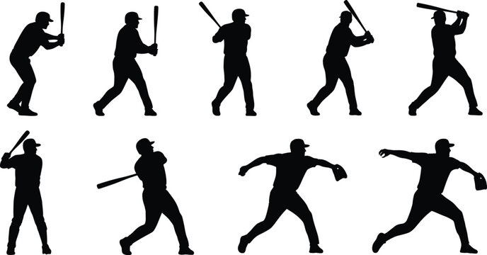 Baseball players batting and pitching silhouettes batter