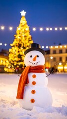 Naklejka premium A snowman in front of a lit Christmas tree at night