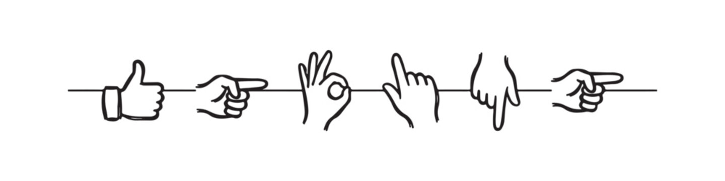 Vector icons of various hand gestures in a clean, hand-drawn outline style, including a thumbs up, OK sign, and pointing fingers in different directions.