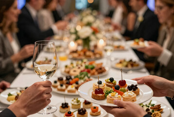 Obraz premium Elegant gathering featuring exquisite bites and fine wine at a vibrant social event in an upscale setting