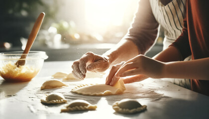 Obraz premium The Art of Empanada Crimping: Grandmother and Granddaughter in Detail
