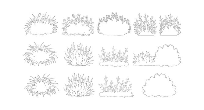 Minimalist bush line art icons, set of 12 garden shrub vector illustrations, simple black and white foliage plant outlines for landscape design