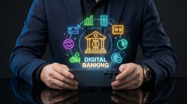 Digital banking concept with financial icons and bank building online banking mobile banking e commerce financial technology transaction security building internet business
