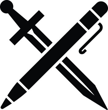 Black silhouette icon of a crossed sword and pen representing the classic metaphor that the pen is mightier than sword.