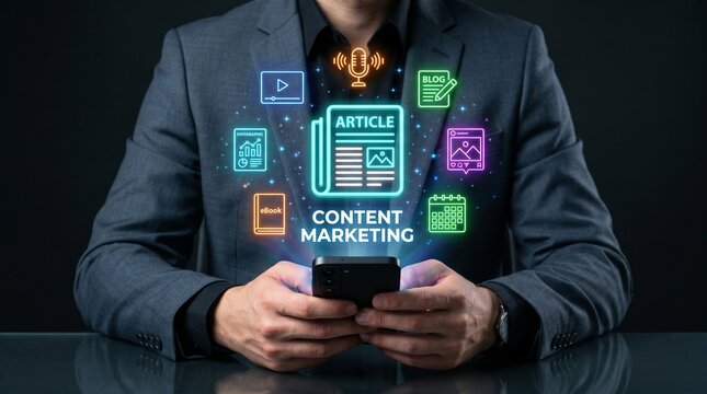 Content marketing concept with article and icons on phone social media content creation marketing digital marketing strategy business information communication engagement promotion audience