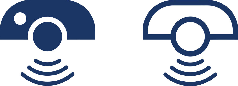 Wireless sensor or camera in dark blue outline and solid fill styles for technology