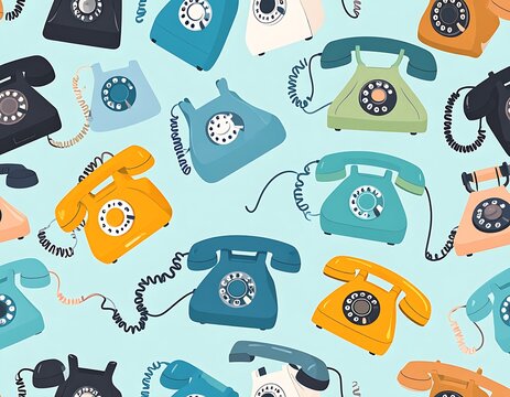A colorful pattern of vintage rotary phones on a light blue background