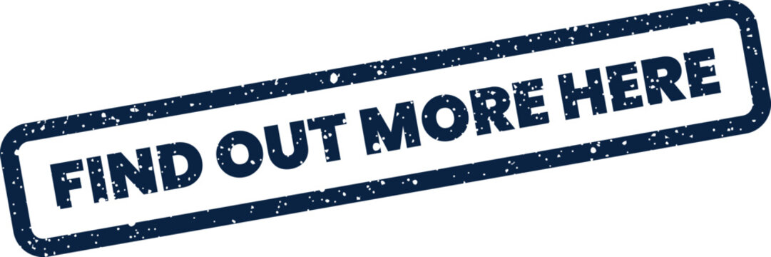 This blue distressed rectangular stamp features the urgent phrase FIND OUT MORE HERE on a clean white surface