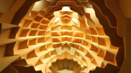 Obraz premium Golden abstract structure. Geometric layers create tunnel illusion. Warm lighting highlights complex design, offering depth.