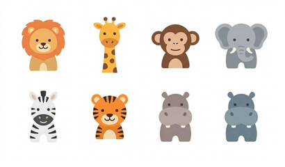 Minimal safari animal icon vector set with lion giraffe monkey zebra tiger hippo simple illustration isolated on white © Joy