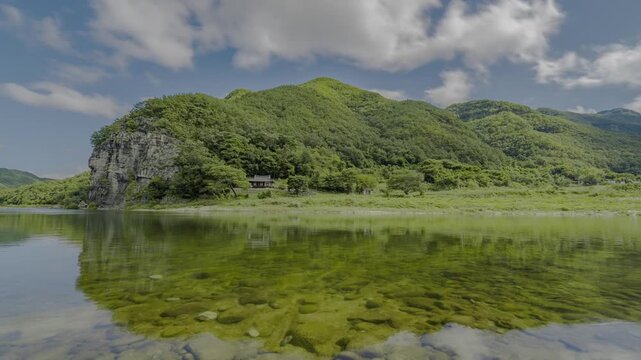 안동 고산정 여름 HDR 타임랩스, 강에 비친 기암절벽과 한국 전통 정자 풍경