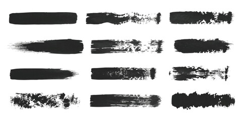 Set of black ink paint brush strokes and grunge texture lines for creative design and artistic graphic projects © GraphixEra
