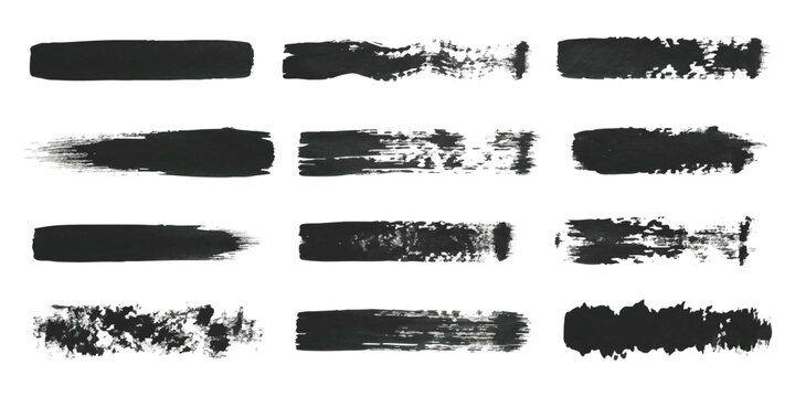Set of black ink paint brush strokes and grunge texture lines for creative design and artistic graphic projects