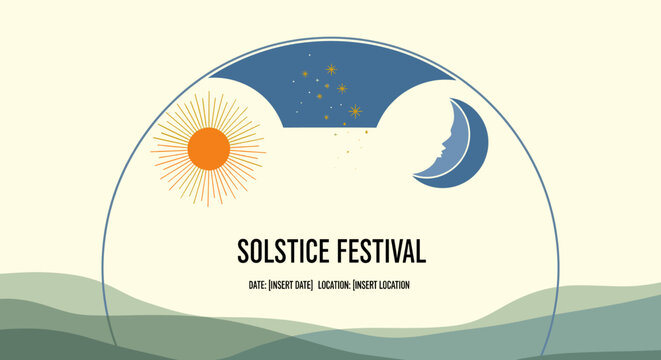 A graphic illustration for a Solstice Festival featuring a sun, moon, and stars within a semicircular frame, set against a neutral background with abstract landscape elements.