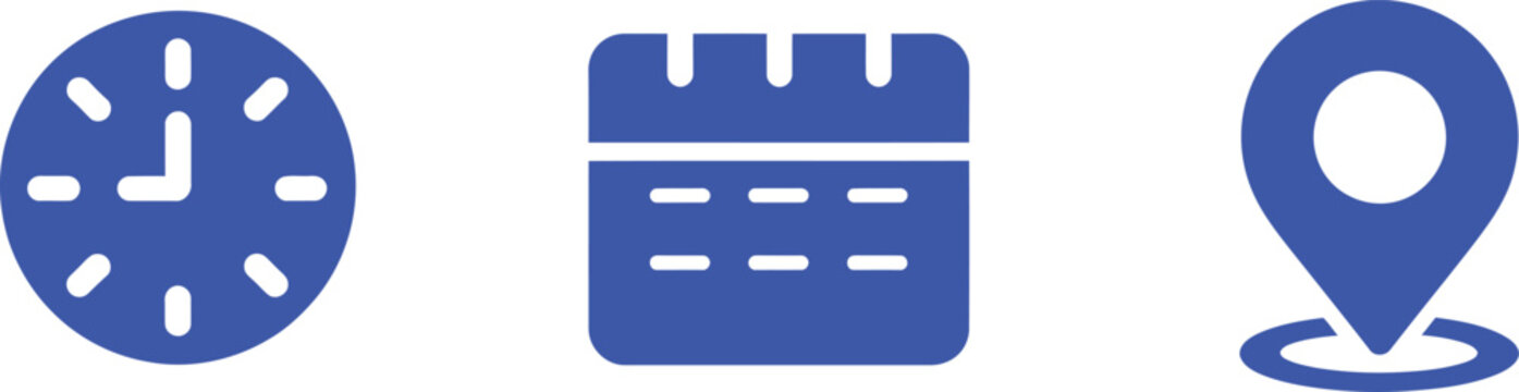 Blue flat set featuring a clock, a monthly calendar, and a map location pin marker