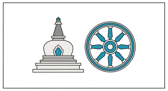 Buddhist stupa and dharma wheel symbol.