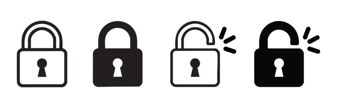 Four padlock icons illustrating security concepts, closed and open states, black outline and solid fill, vector for web and app interfaces.