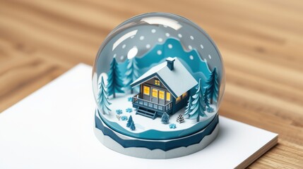 Fototapeta premium Snow globe displays cozy cabin scene. Winter landscape, illuminated windows, peaceful setting. Paper base supports glass sphere.