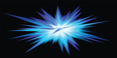 An abstract fractal design features a bright explosion of glowing blue light and stars against a black space background with a burst of energy and shining motion © Midul