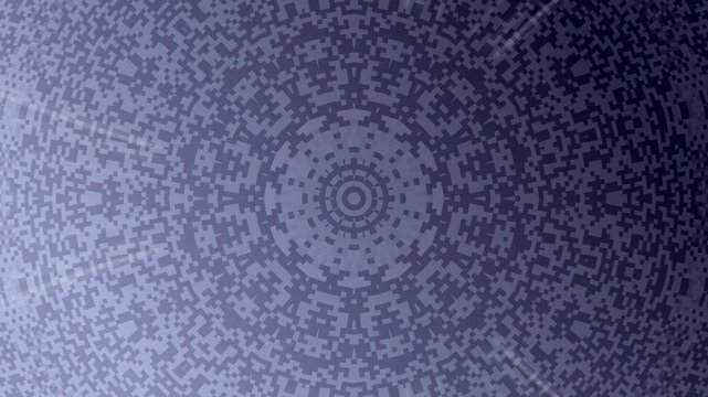 Abstract circular mosaic pattern with pixel-like geometric fragments, radial symmetry, cool blue gradient tones, soft light beams, futuristic digital background, hypnotic kaleidoscope design.