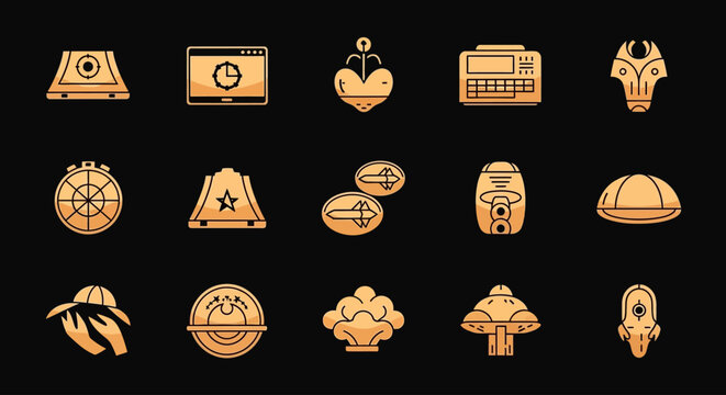 Golden Flat Design Icons Collection on Black Background.
