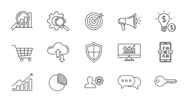Set of 15 thin line business marketing and data analytics icons on white background