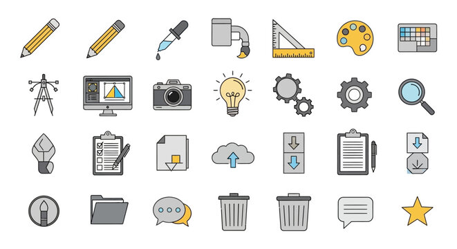 Collection of graphic design and office workflow line icons.