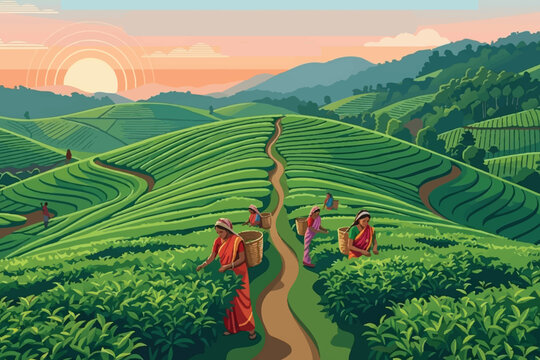 Vector Illustration art  of Lush Green Tea Garden in Sylhet Bangladesh