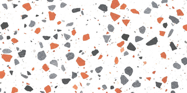 Abstract terrazzo pattern with scattered grey and red stone chips for modern interior design and decoration