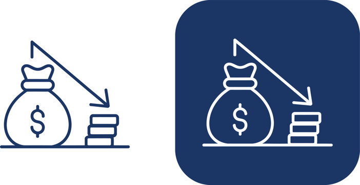 Money bag with downward arrow in linear style on white and dark backgrounds