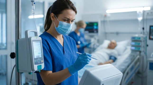 Nurse Diligently Operating Modern Patient Monitor in a Hospital Room