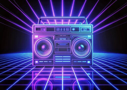 ネオンに輝くレトロなラジカセと音符 80年代風サイバーパンク背景
