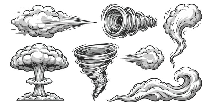 Collection of comic style smoke clouds tornado and explosion effects for action and movement illustration