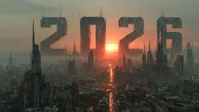 Futuristic 2026 City Skyline at Sunset in Sci Fi Style