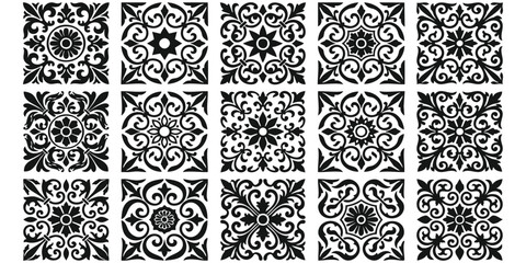 Set of fifteen black and white square tiles with floral damask patterns and vintage decorative ornaments © GraphixEra