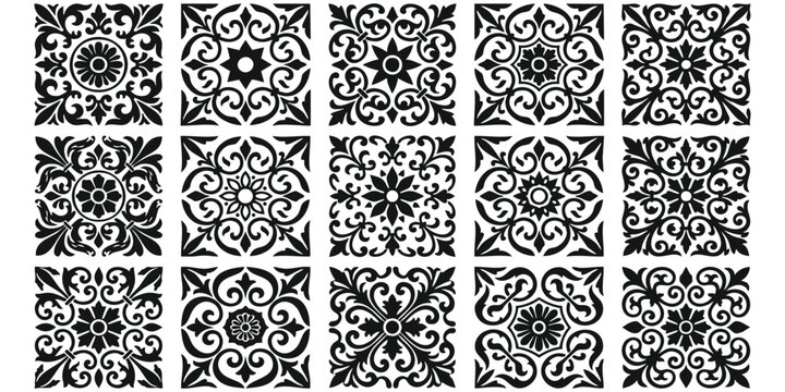 Set of fifteen black and white square tiles with floral damask patterns and vintage decorative ornaments