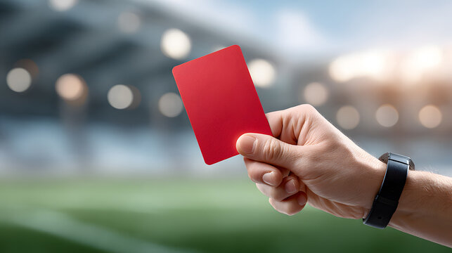 Hand holding a red card in a sports stadium, blurred background of field and stands visible, indicating a foul or penalty decision. Selective focus