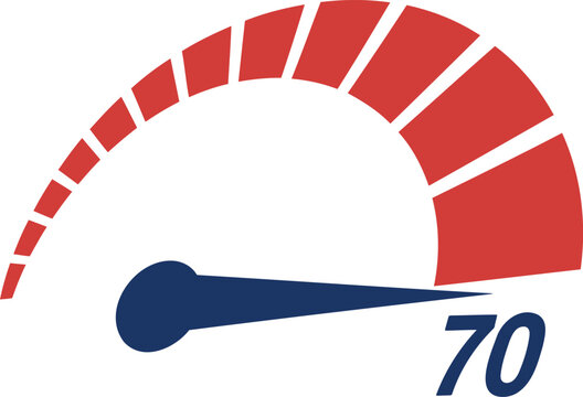Speedometer gauge showing seventy percent progress on a white background