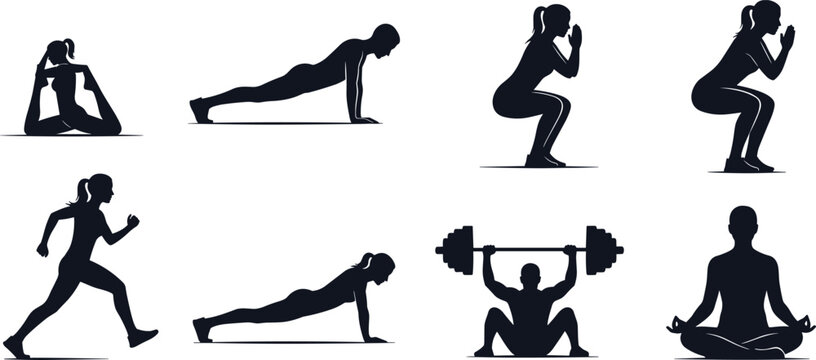 Fitness silhouettes set showing yoga meditation push up running squat and weightlifting exercises isolated on white background health vector illustration