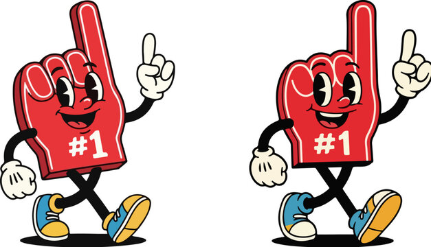 Vintage red foam finger mascot character, retro rubber hose style sports fan illustration, number one cheering hand vector set for branding