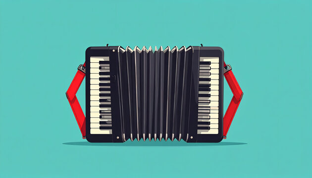 Accordion seen from side in minimalist illustration with parallel zigzag lines and red straps against soft turquoise background generative AI