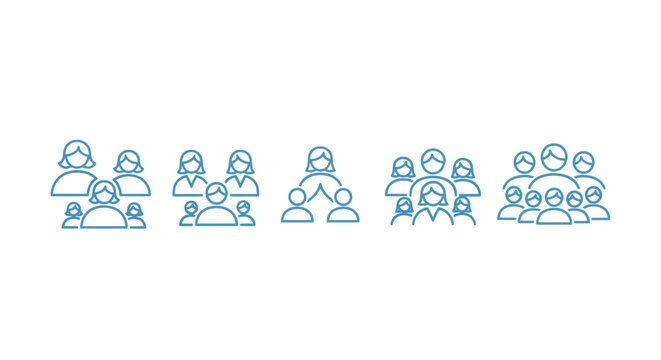 A series of blue line icons depicting growing groups of people representing population increase