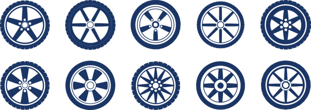 Collection of ten different car wheel rim in dark blue color on a white background