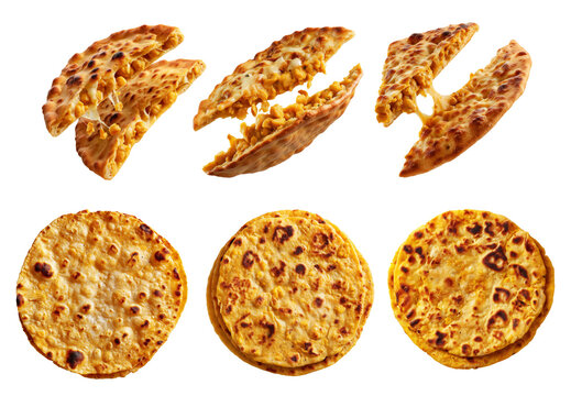 Chickpea flatbread with crispy golden brown texture and cut slices isolated on white background. Concept of Argentina Faina food