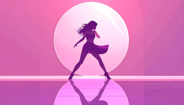 Dancing person silhouette reflected in circular mirror on pink and purple floor capturing rhythmic movement of discofox generative AI