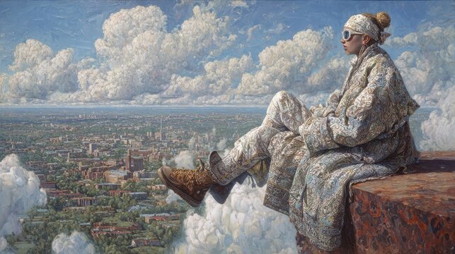Woman sits overlooking city, clouds, and horizon, clad in patterned coat