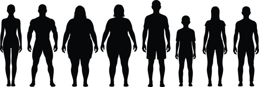 Human body silhouette collection showing diverse male female and child figures, different body shapes, sizes, and proportions isolated on background