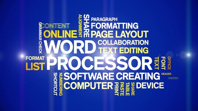 Word Processor animated word cloud-text design animation tag kinetic typography seamless loop.